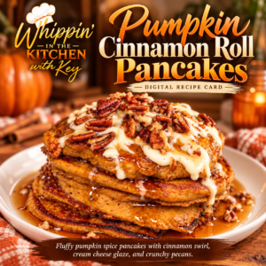 Pumpkin Cinnamon Roll Pancakes Recipe Card